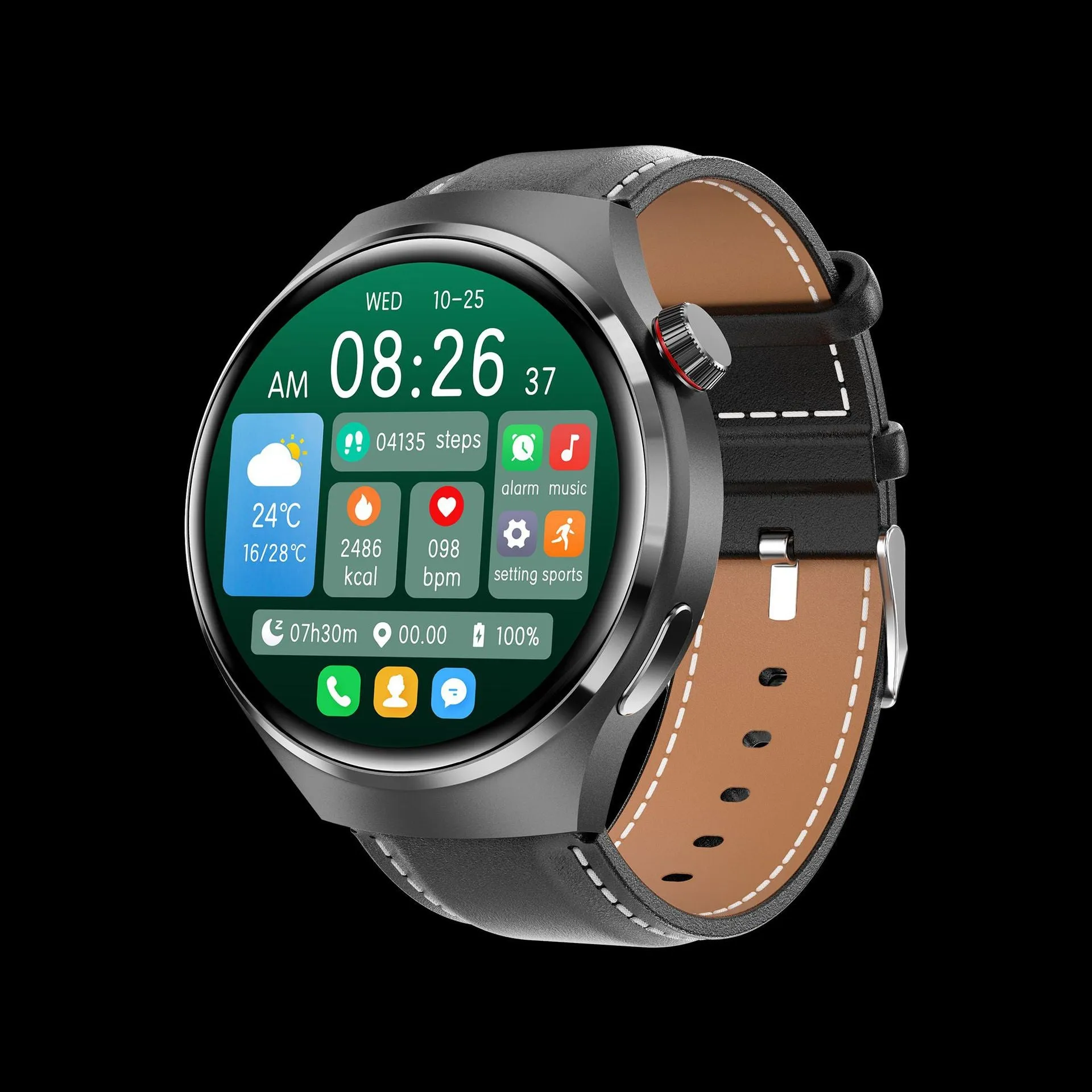 Smart watch with heart rate and blood oxygen monitoring, AMOLED screen, aluminium alloy case, black silicone strap