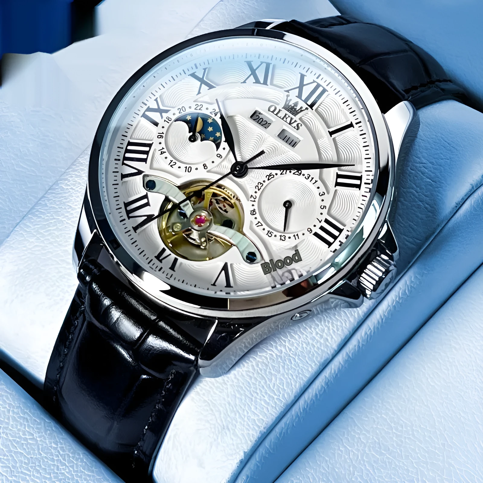 Automatic mechanical watch for men with double calendar display and slim 11mm case on steel strap