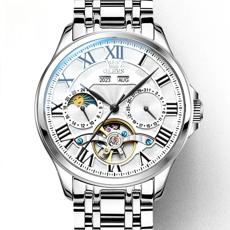 Automatic mechanical watch for men with double calendar display and slim 11mm case on steel strap