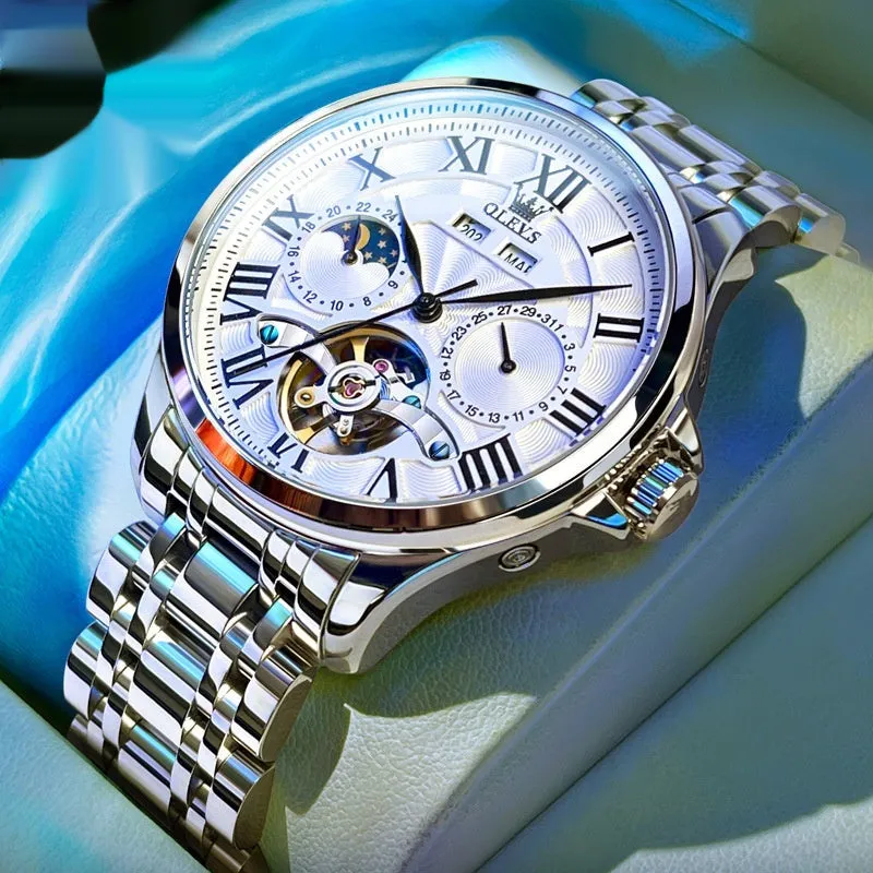 Automatic mechanical watch for men with double calendar display and slim 11mm case on steel strap