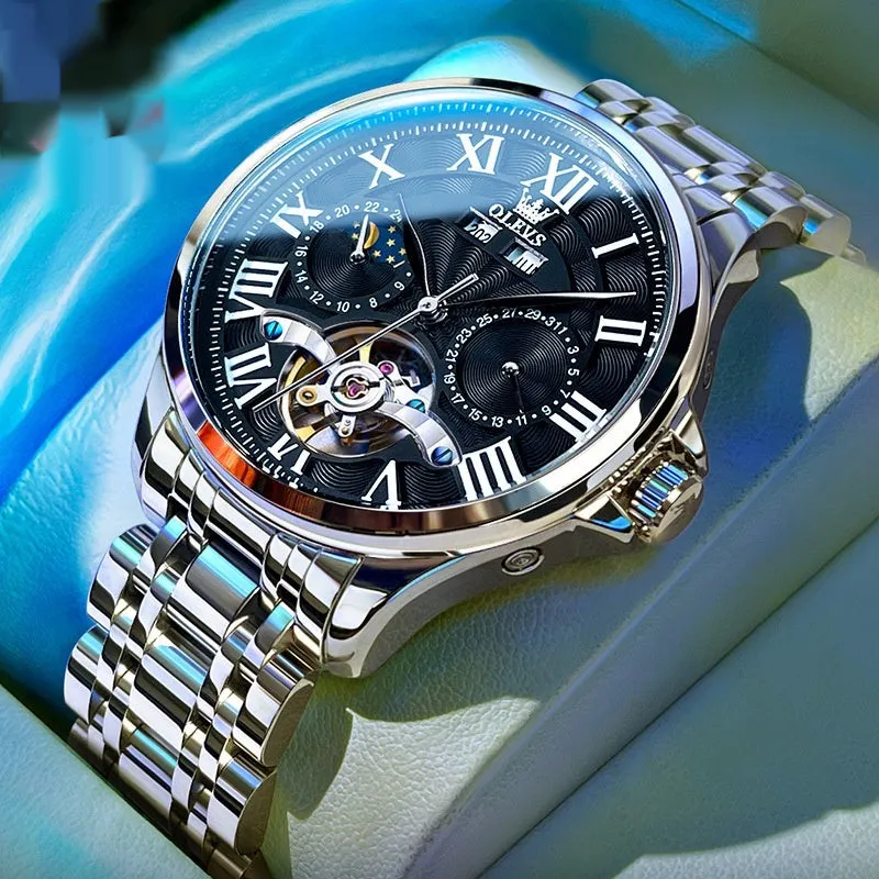 Automatic mechanical watch for men with double calendar display and slim 11mm case on steel strap