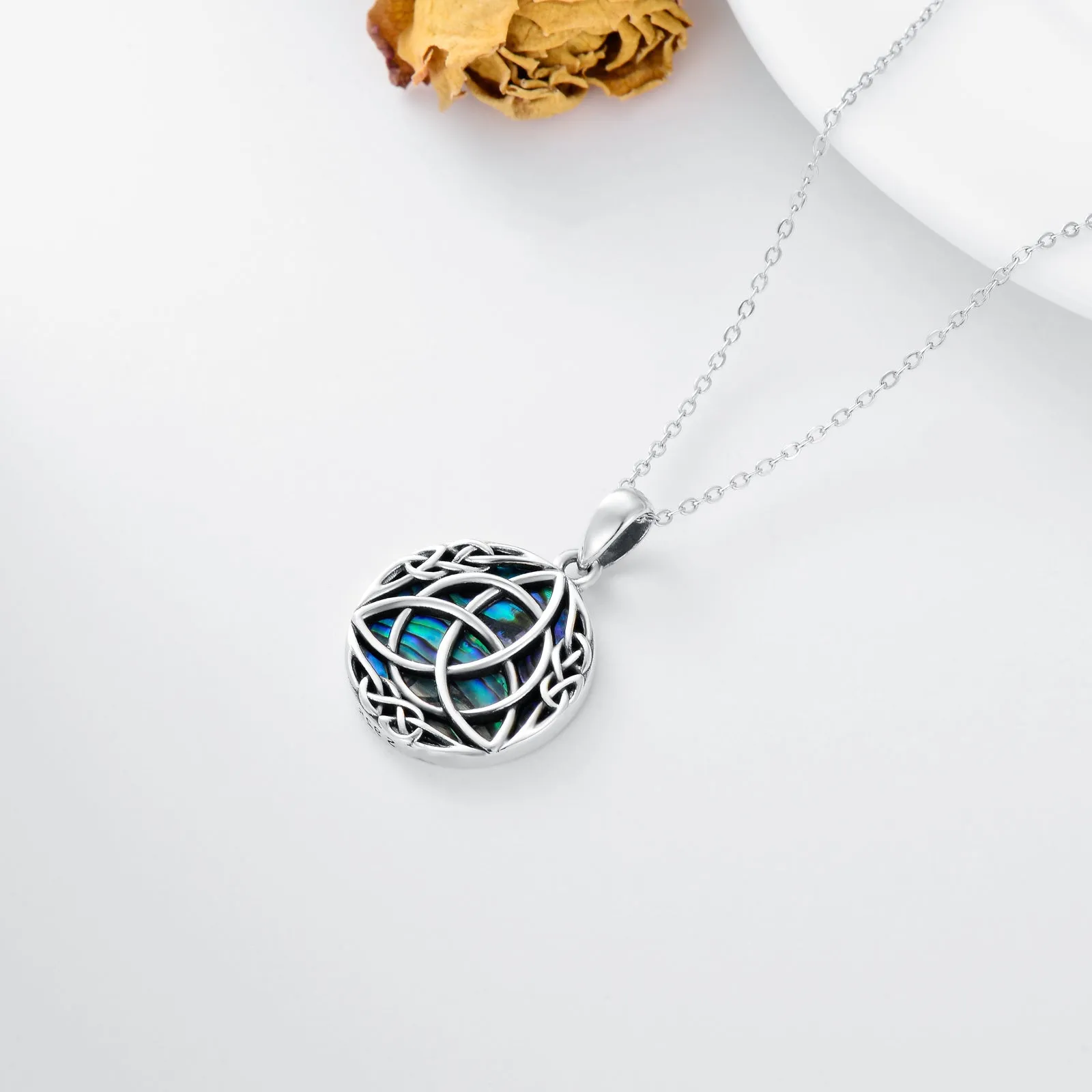 Vintage sterling silver trinity Celtic knot necklace with simulated abalone shell pendant on white gold plated chain