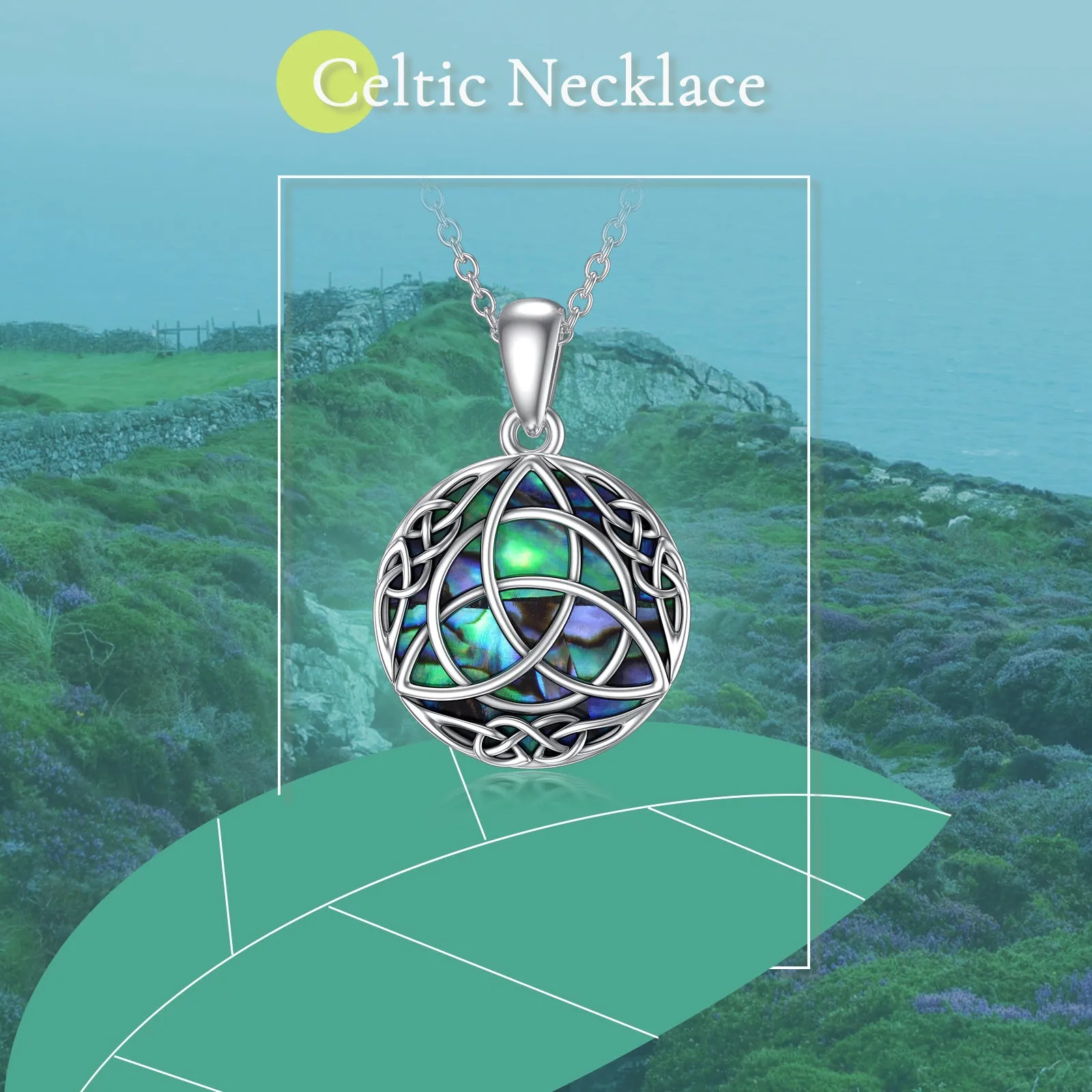 Vintage sterling silver trinity Celtic knot necklace with simulated abalone shell pendant on white gold plated chain