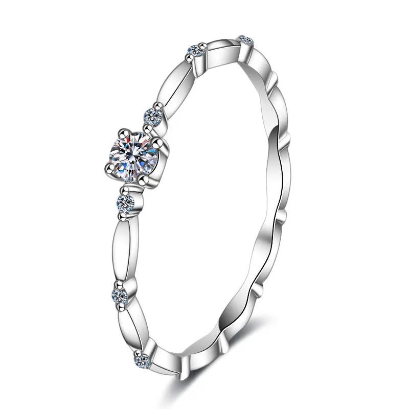 925 sterling silver wedding ring with geometric Korean style and moissanite diamond inlay on white background