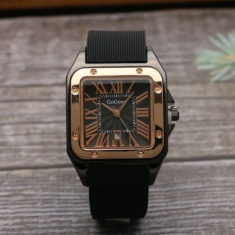 Square men's tape watch with Roman scale, white dial, black strap, 11mm thickness