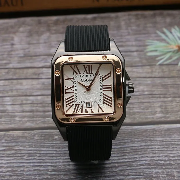 Square men's tape watch with Roman scale, white dial, black strap, 11mm thickness