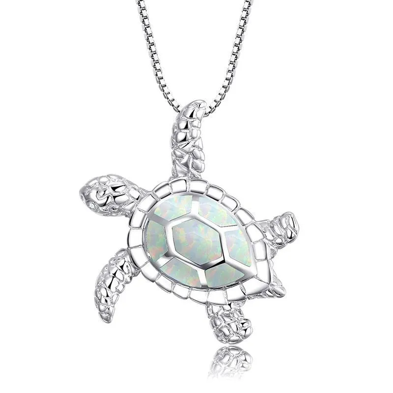 Silver filled blue opal sea turtle pendant necklace with vintage finish
