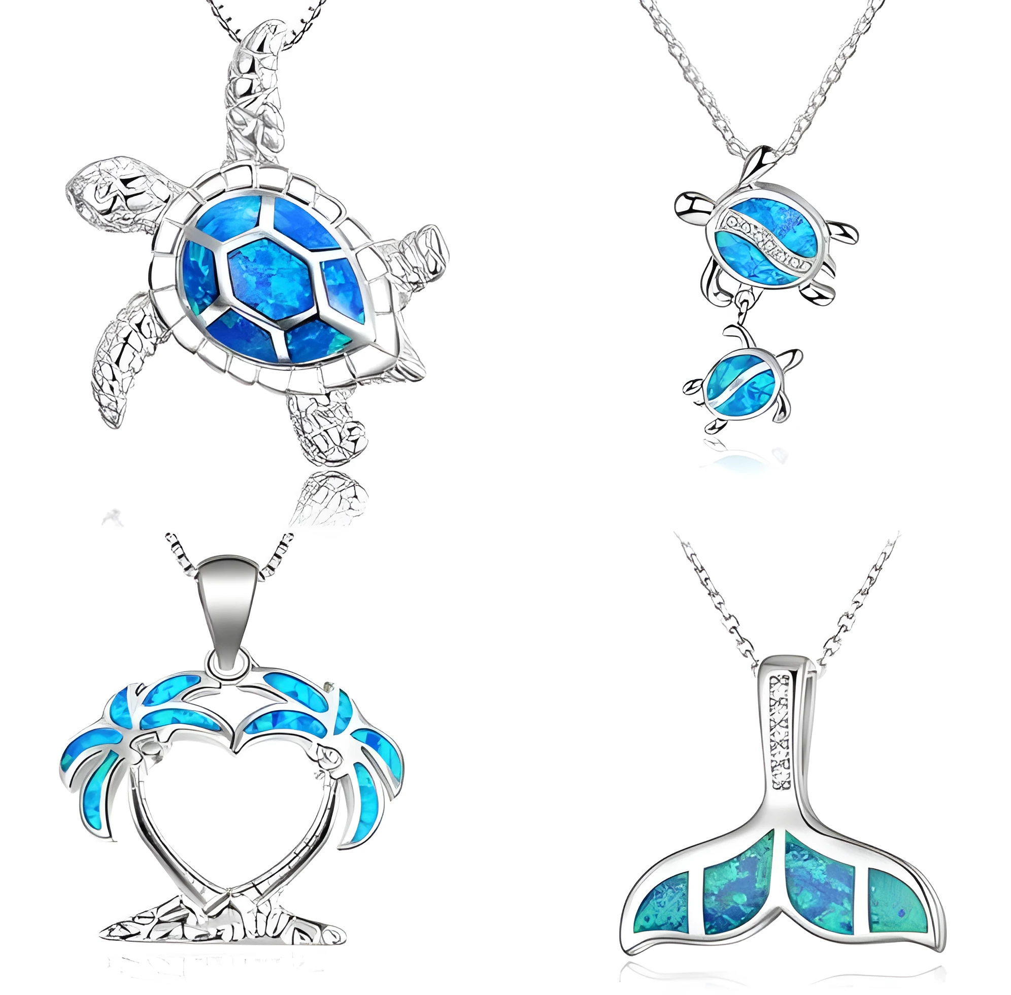 Silver filled blue opal sea turtle pendant necklace with vintage finish
