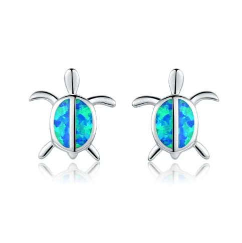 Silver filled blue opal sea turtle pendant necklace with vintage finish