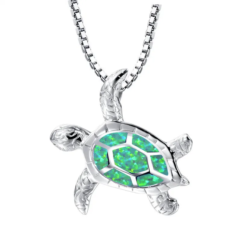 Silver filled blue opal sea turtle pendant necklace with vintage finish