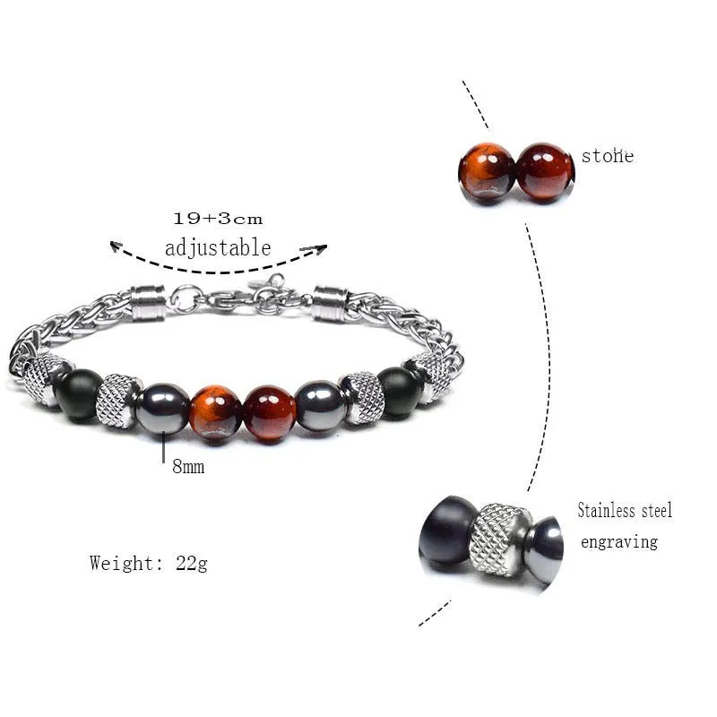 Titanium steel polished bracelet with yellow tiger eye beads and iron accents on white background