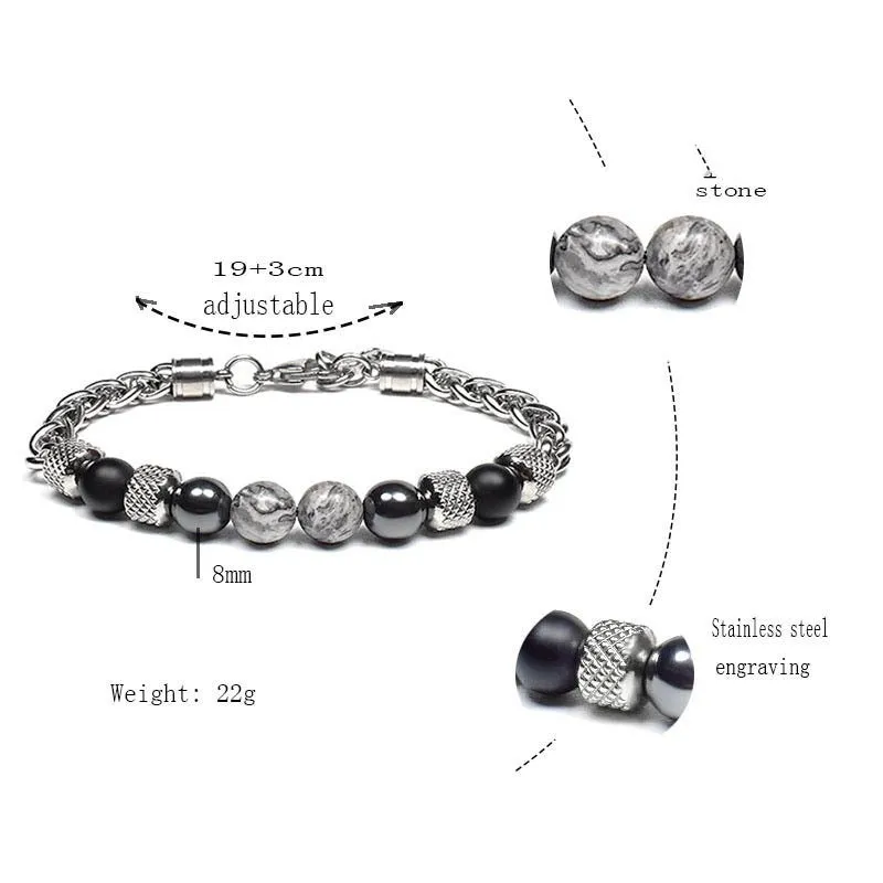 Titanium steel polished bracelet with yellow tiger eye beads and iron accents on white background