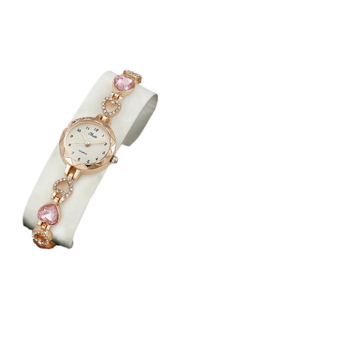 Women's simple disc light luxury quartz bracelet watch set in pink with matching earrings necklace and ring