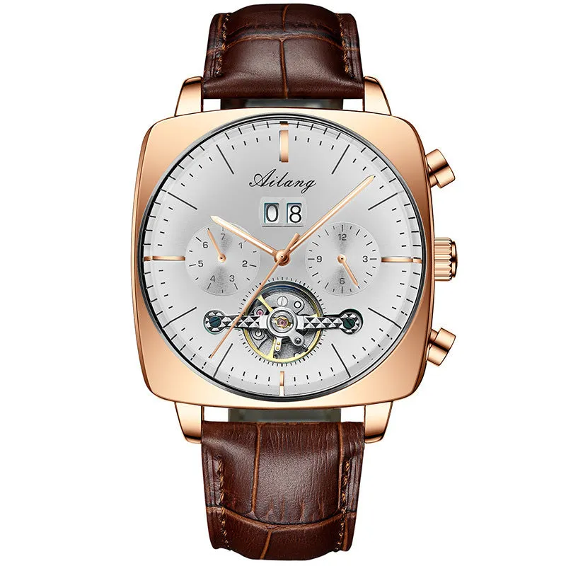 Men's automatic mechanical watch with black leather strap, hollow dial, and luminous hands on a white background