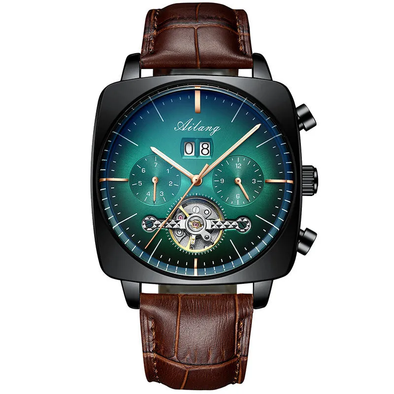 Men's automatic mechanical watch with black leather strap, hollow dial, and luminous hands on a white background
