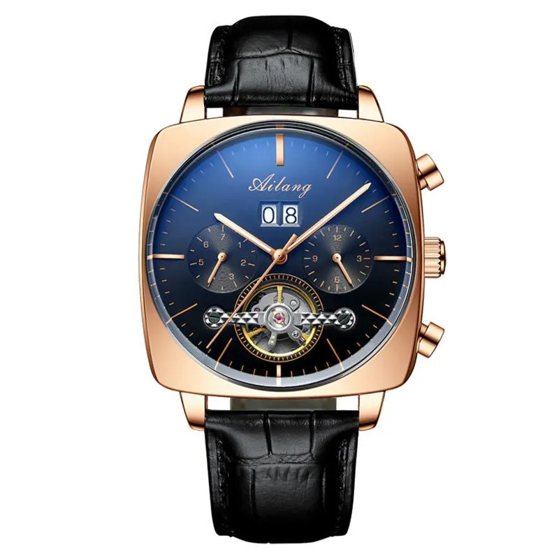 Men's automatic mechanical watch with black leather strap, hollow dial, and luminous hands on a white background