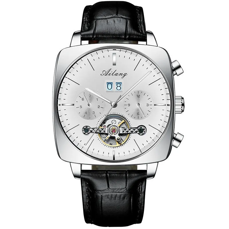 Men's automatic mechanical watch with black leather strap, hollow dial, and luminous hands on a white background