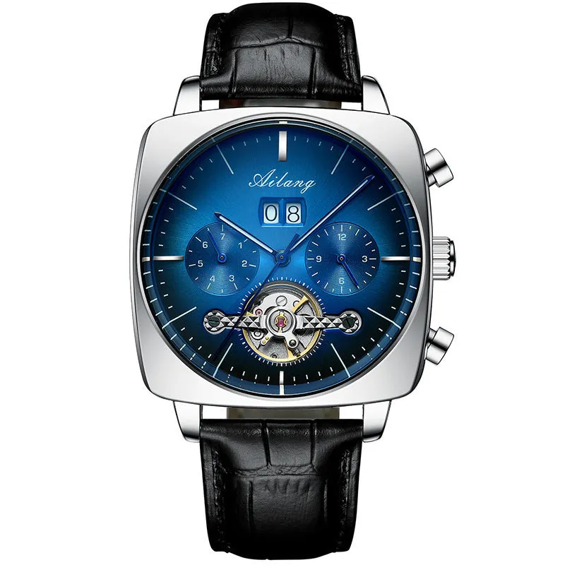 Men's automatic mechanical watch with black leather strap, hollow dial, and luminous hands on a white background