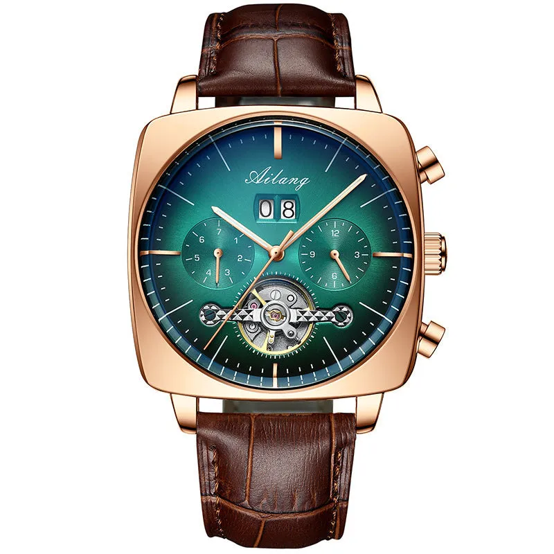 Men's automatic mechanical watch with black leather strap, hollow dial, and luminous hands on a white background