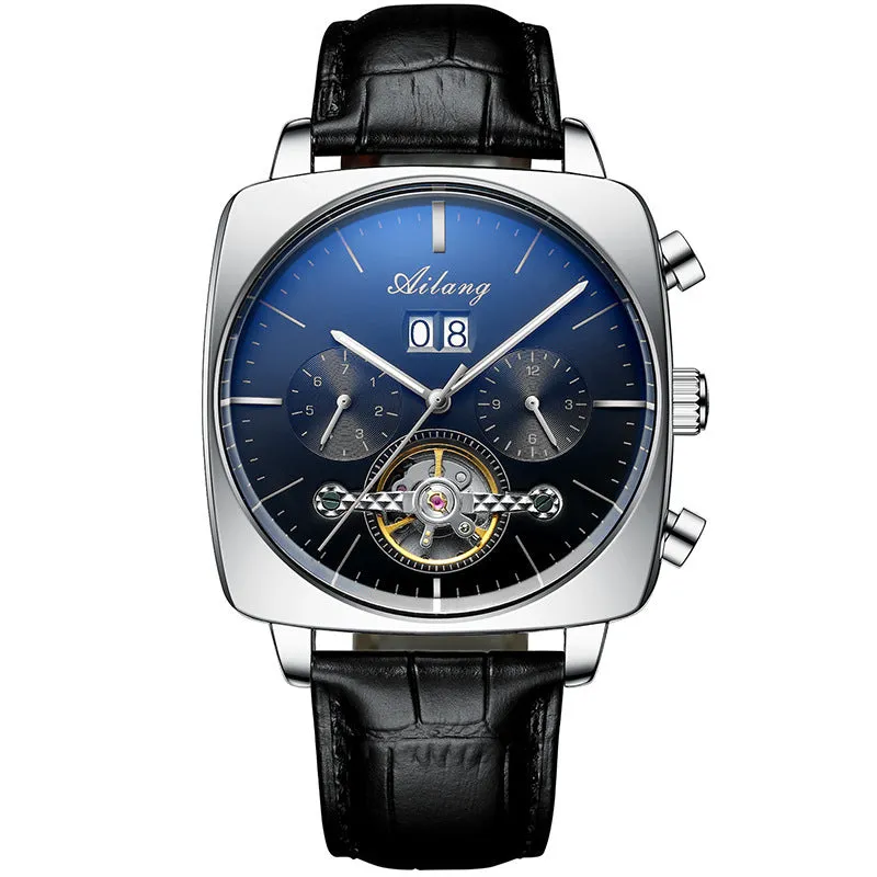Men's automatic mechanical watch with black leather strap, hollow dial, and luminous hands on a white background