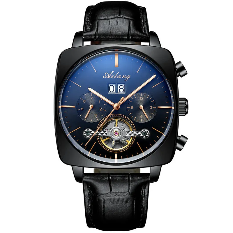 Men's automatic mechanical watch with black leather strap, hollow dial, and luminous hands on a white background