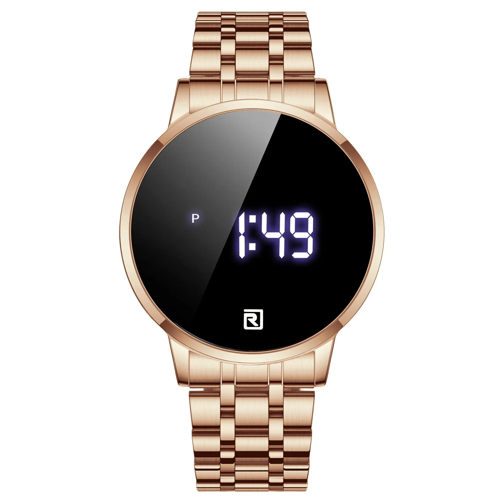 Touch screen digital display calendar electronic watch with alloy case in gold colour option