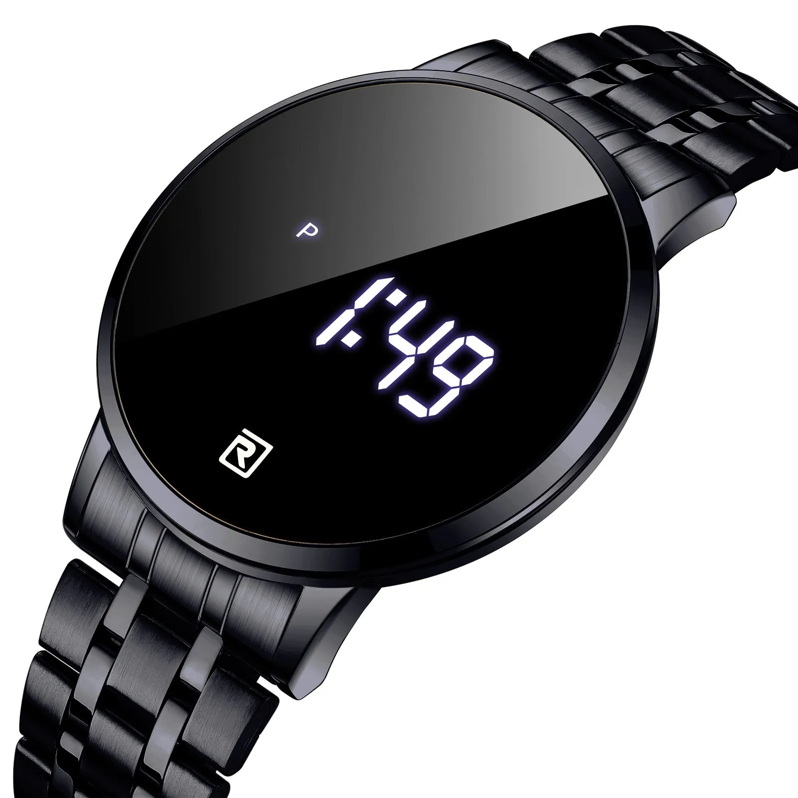Touch screen digital display calendar electronic watch with alloy case in gold colour option