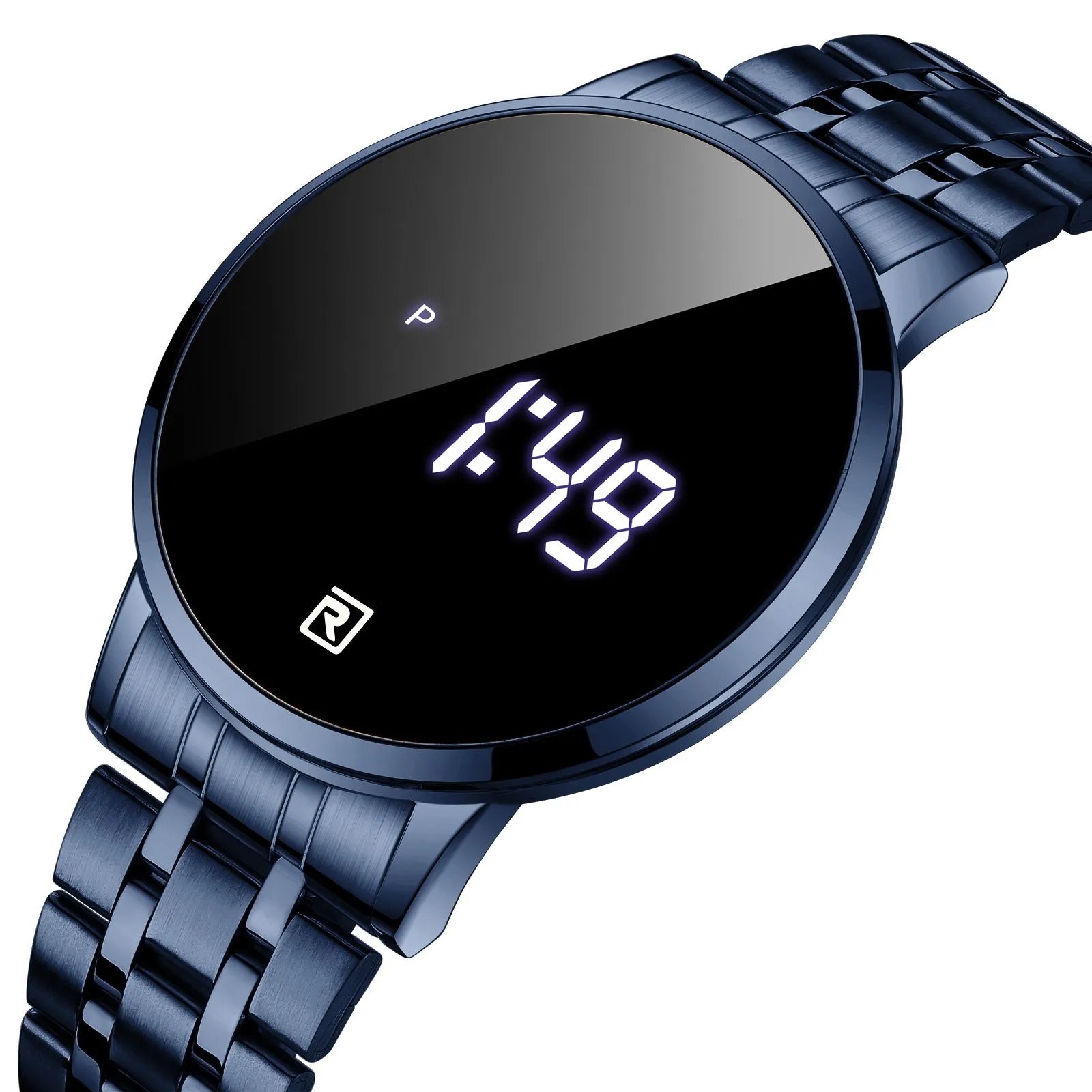 Touch screen digital display calendar electronic watch with alloy case in gold colour option