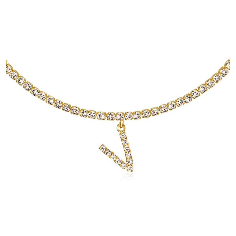 Personalised diamond letter necklace with rhinestone pendant on claw chain in gold finish