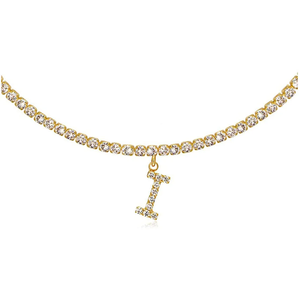 Personalised diamond letter necklace with rhinestone pendant on claw chain in gold finish