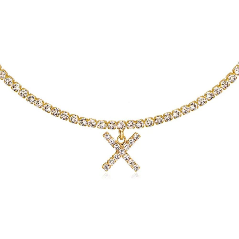 Personalised diamond letter necklace with rhinestone pendant on claw chain in gold finish