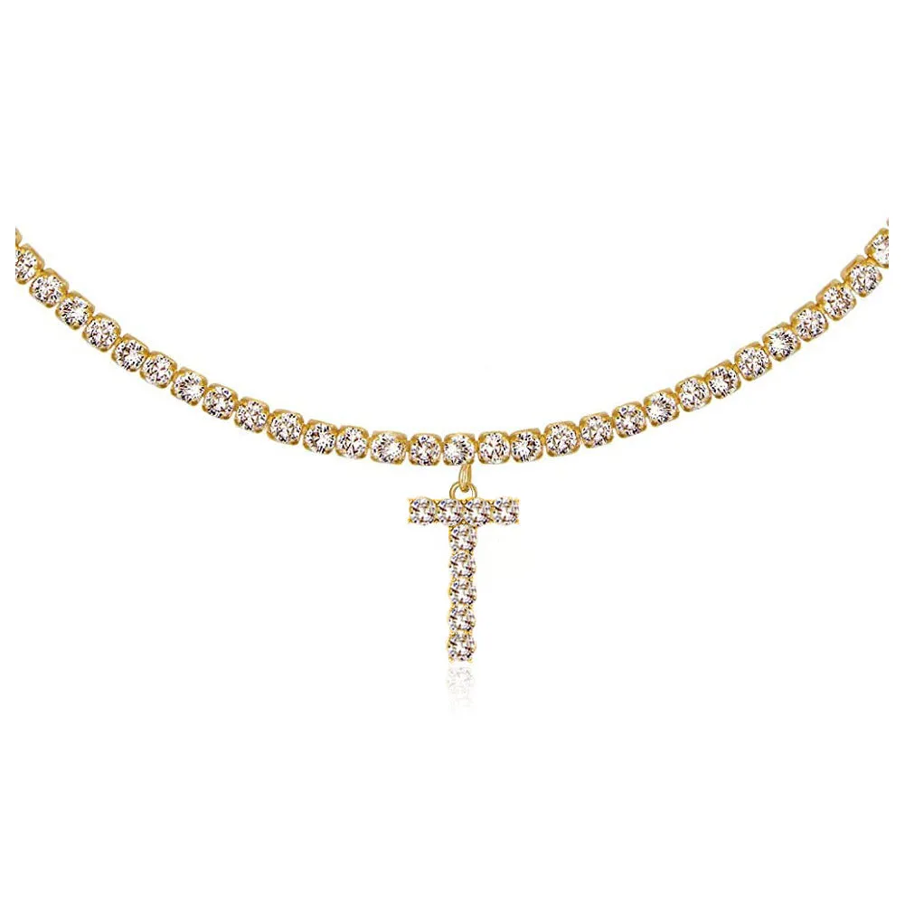 Personalised diamond letter necklace with rhinestone pendant on claw chain in gold finish