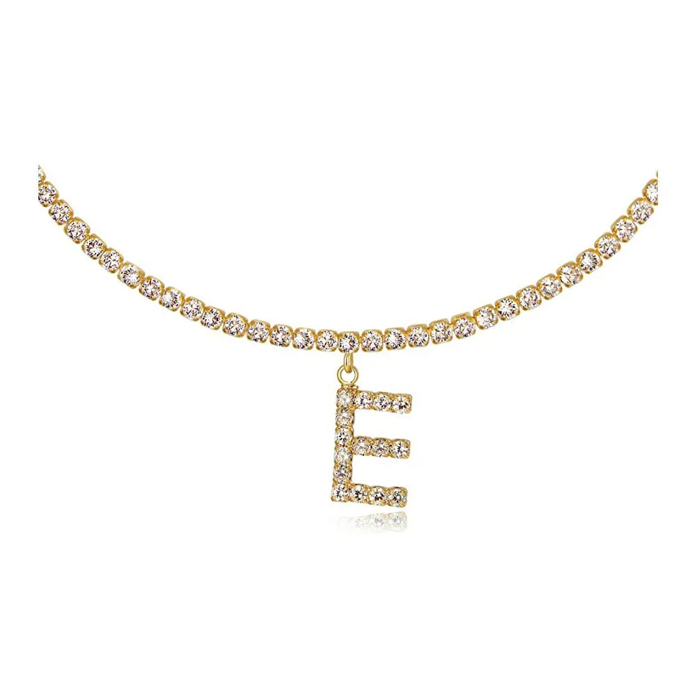 Personalised diamond letter necklace with rhinestone pendant on claw chain in gold finish