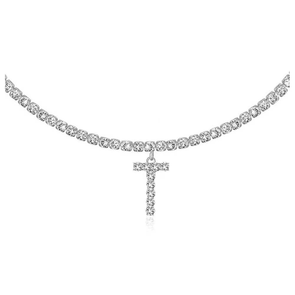 Personalised diamond letter necklace with rhinestone pendant on claw chain in gold finish