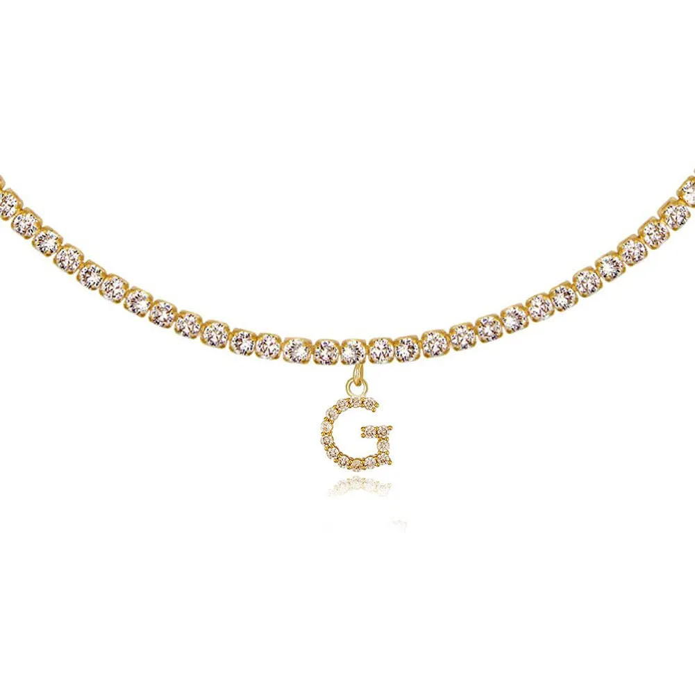 Personalised diamond letter necklace with rhinestone pendant on claw chain in gold finish