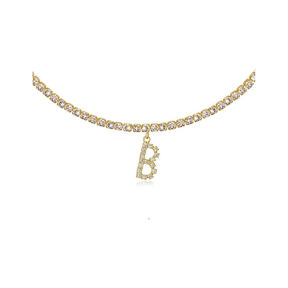 Personalised diamond letter necklace with rhinestone pendant on claw chain in gold finish