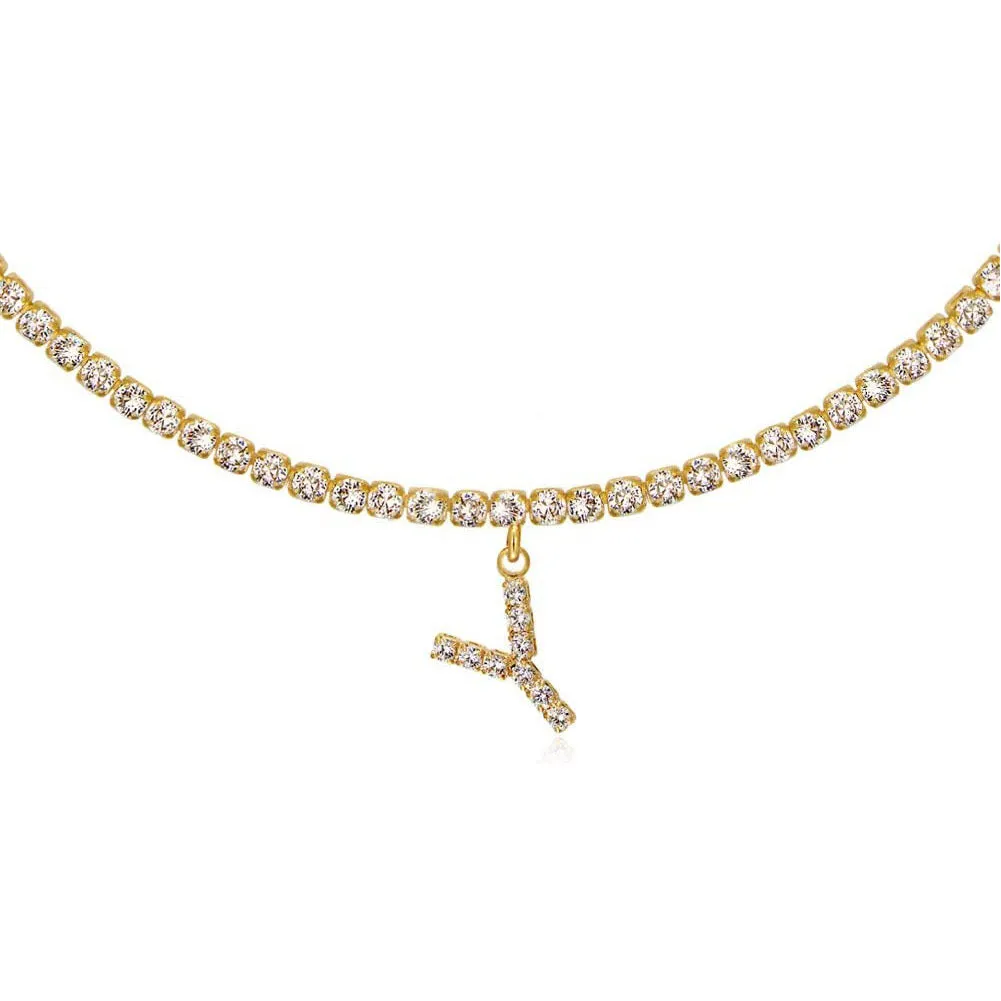 Personalised diamond letter necklace with rhinestone pendant on claw chain in gold finish