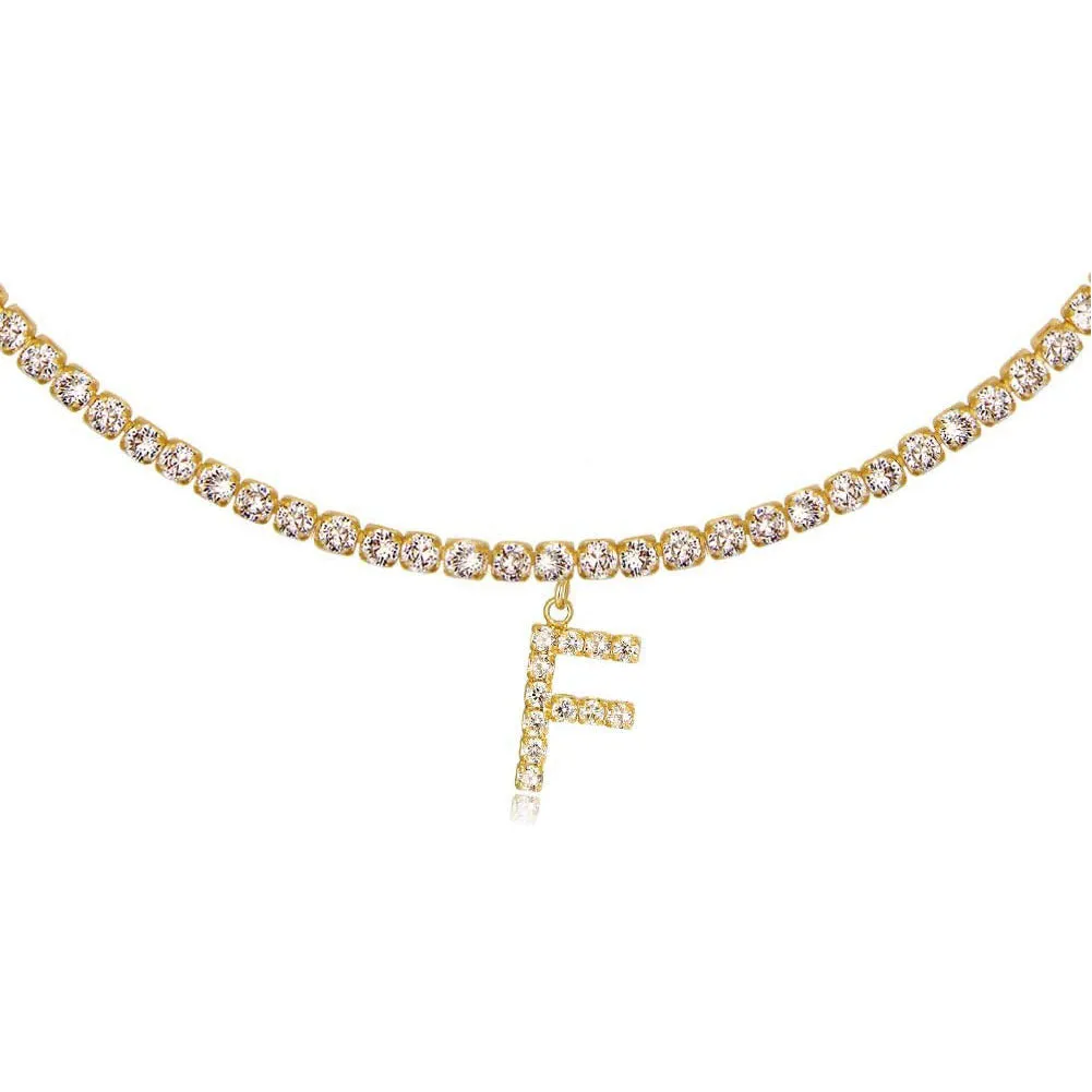 Personalised diamond letter necklace with rhinestone pendant on claw chain in gold finish
