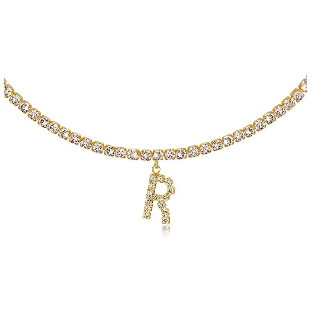Personalised diamond letter necklace with rhinestone pendant on claw chain in gold finish