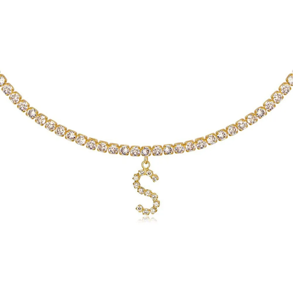 Personalised diamond letter necklace with rhinestone pendant on claw chain in gold finish