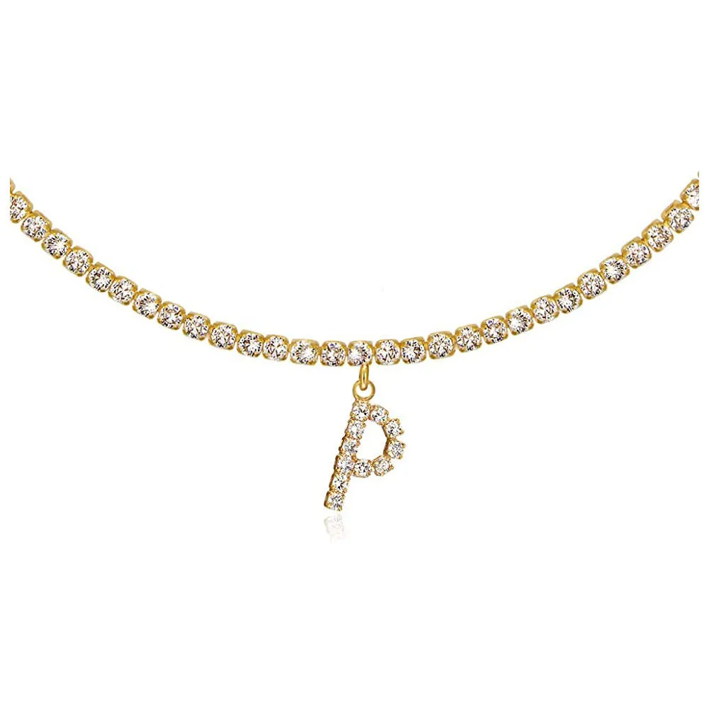 Personalised diamond letter necklace with rhinestone pendant on claw chain in gold finish