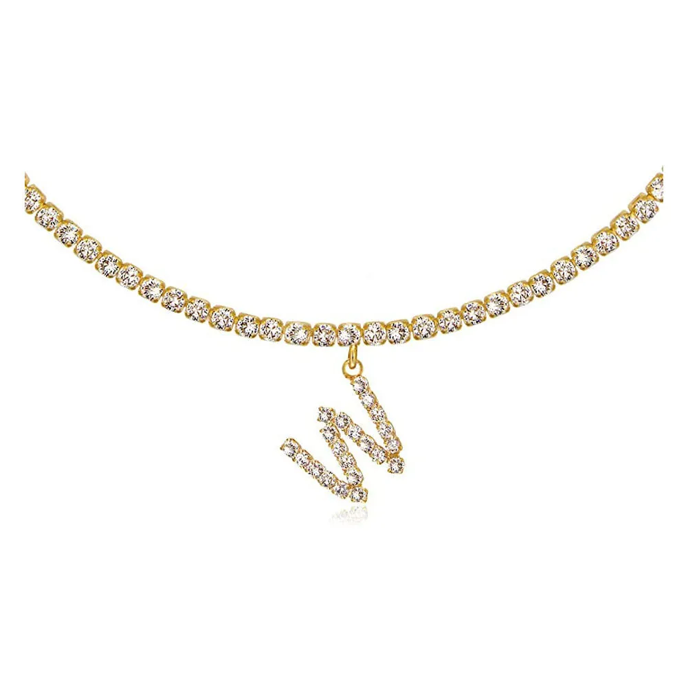 Personalised diamond letter necklace with rhinestone pendant on claw chain in gold finish