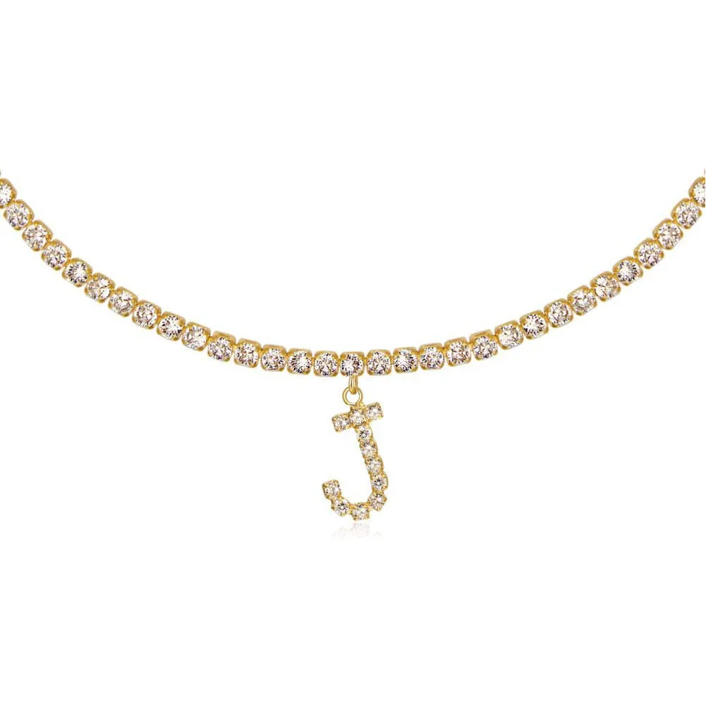 Personalised diamond letter necklace with rhinestone pendant on claw chain in gold finish
