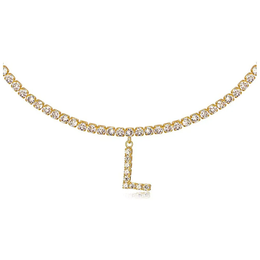 Personalised diamond letter necklace with rhinestone pendant on claw chain in gold finish