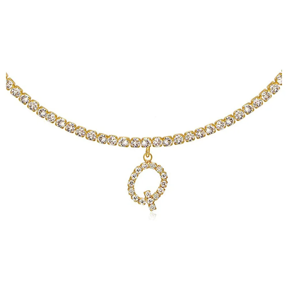 Personalised diamond letter necklace with rhinestone pendant on claw chain in gold finish
