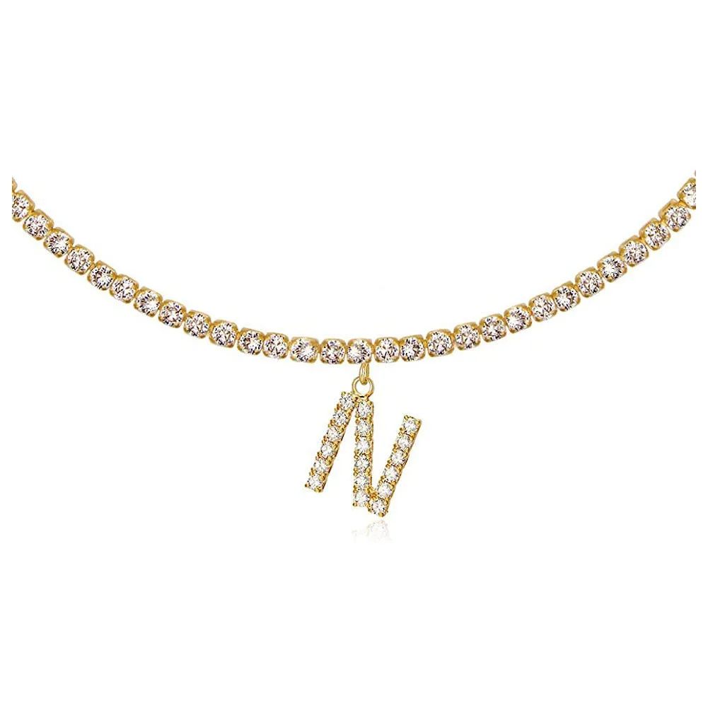 Personalised diamond letter necklace with rhinestone pendant on claw chain in gold finish