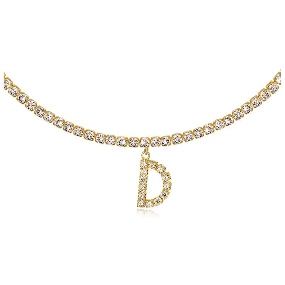 Personalised diamond letter necklace with rhinestone pendant on claw chain in gold finish
