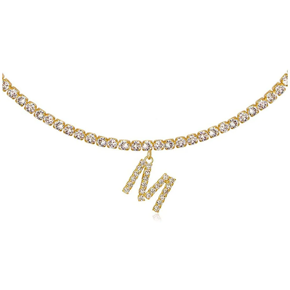 Personalised diamond letter necklace with rhinestone pendant on claw chain in gold finish
