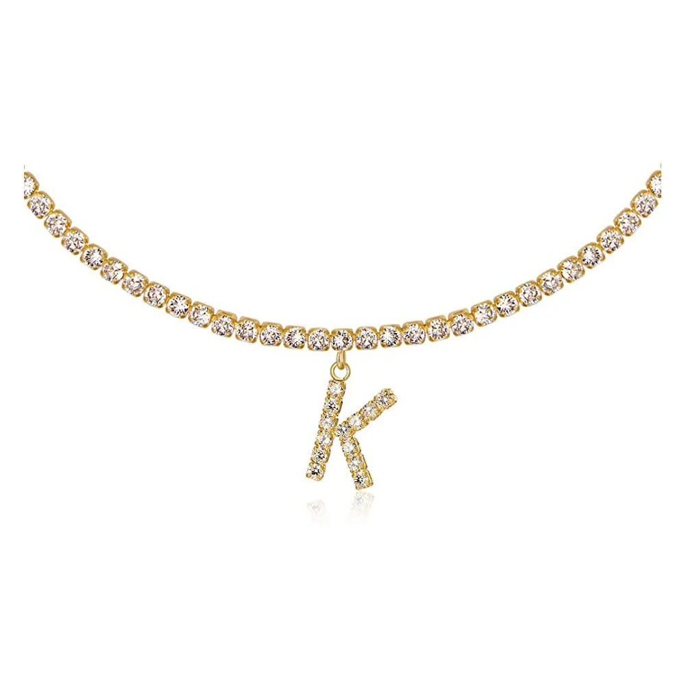 Personalised diamond letter necklace with rhinestone pendant on claw chain in gold finish