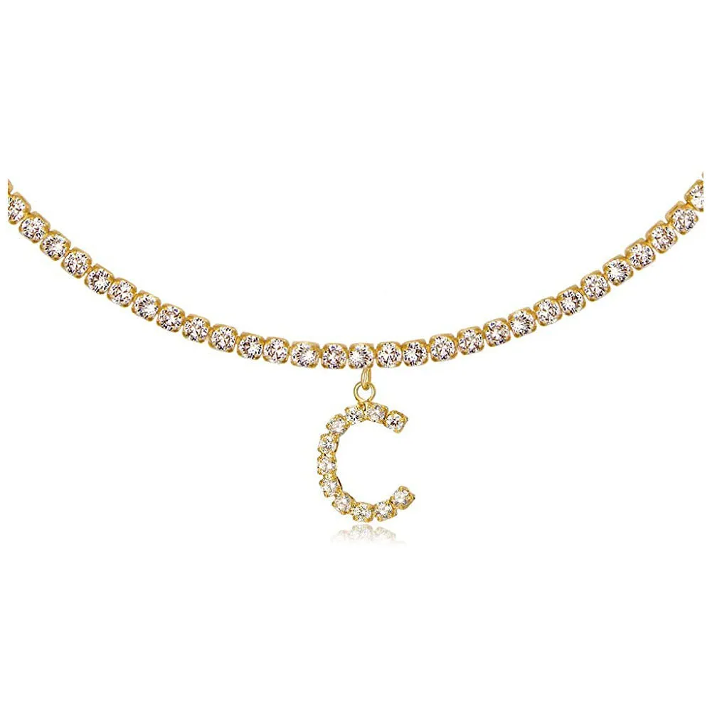 Personalised diamond letter necklace with rhinestone pendant on claw chain in gold finish